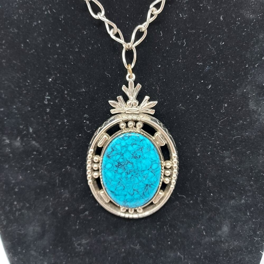 Arthur Pepper ART Faux Turquoise Pendant Necklace Signed Silver Tone Vintage MCM